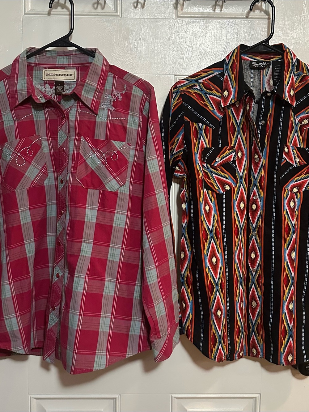 Lot of 2 Wrangler & Bit & Bridal Southwestern Pearl snap Button-Down Shirts
